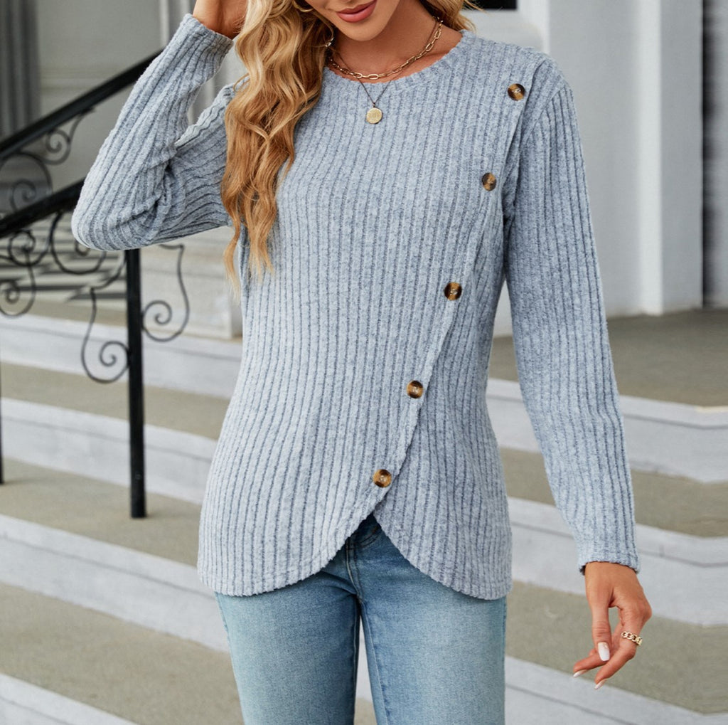 Ribbed Asymmetric Button Wrap Hem Top - Blue