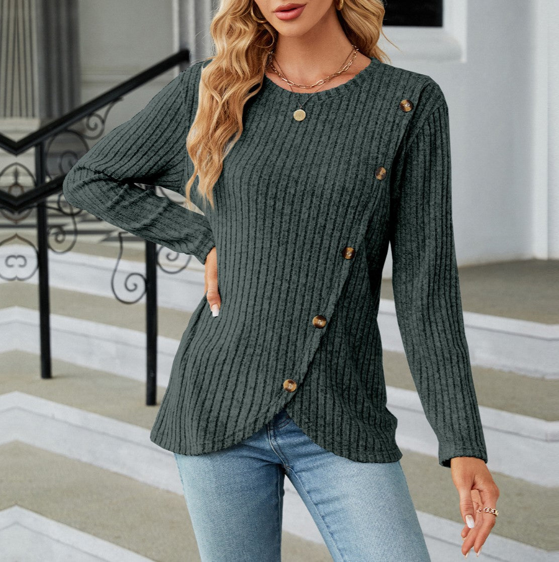 Ribbed Asymmetric Button Wrap Hem Top - Darkgreen