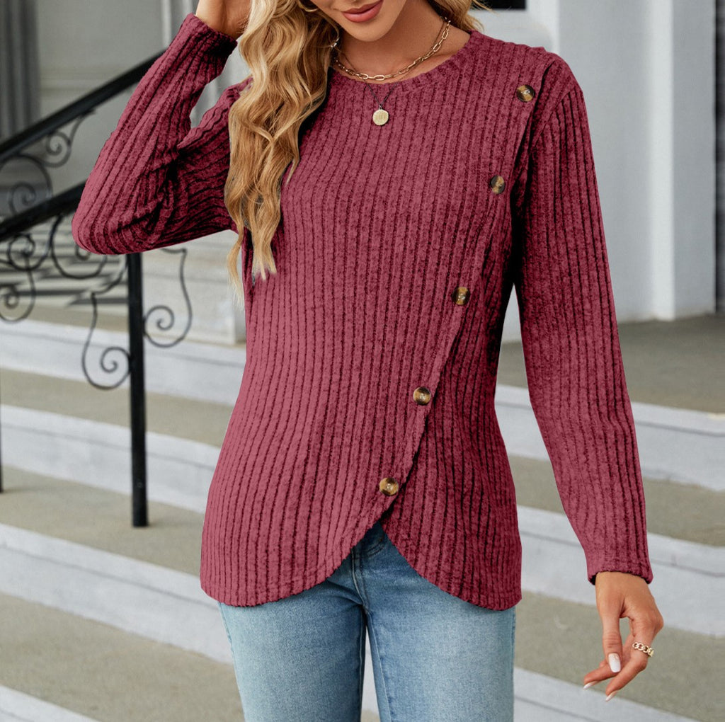 Ribbed Asymmetric Button Wrap Hem Top - Winered