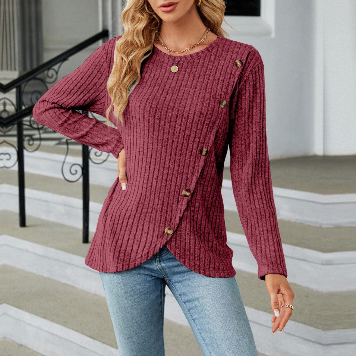 Ribbed Asymmetric Button Wrap Hem Top - Winered - 1