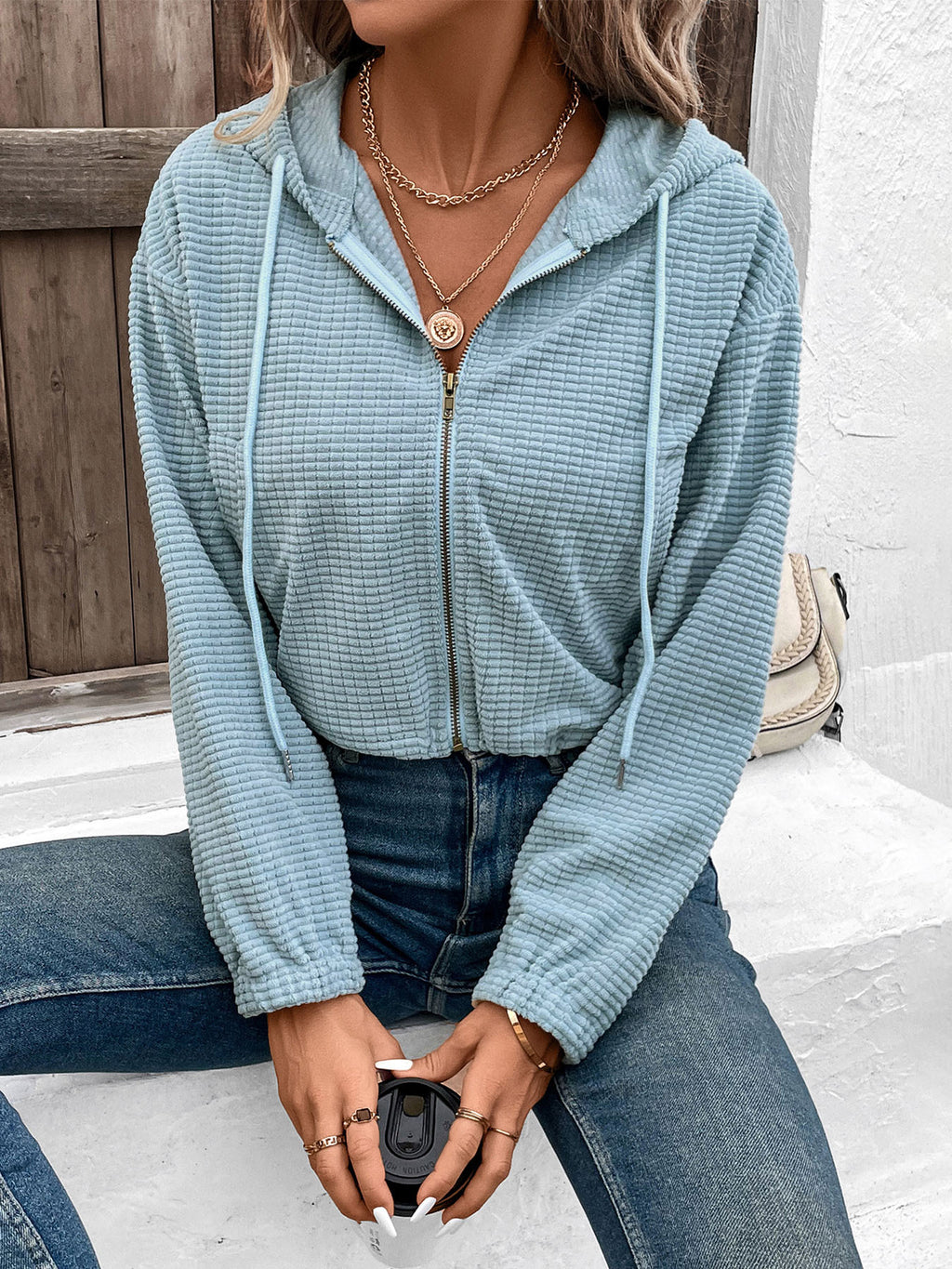 Cropped Textured Zip Up Hooded Jacket - Blue
