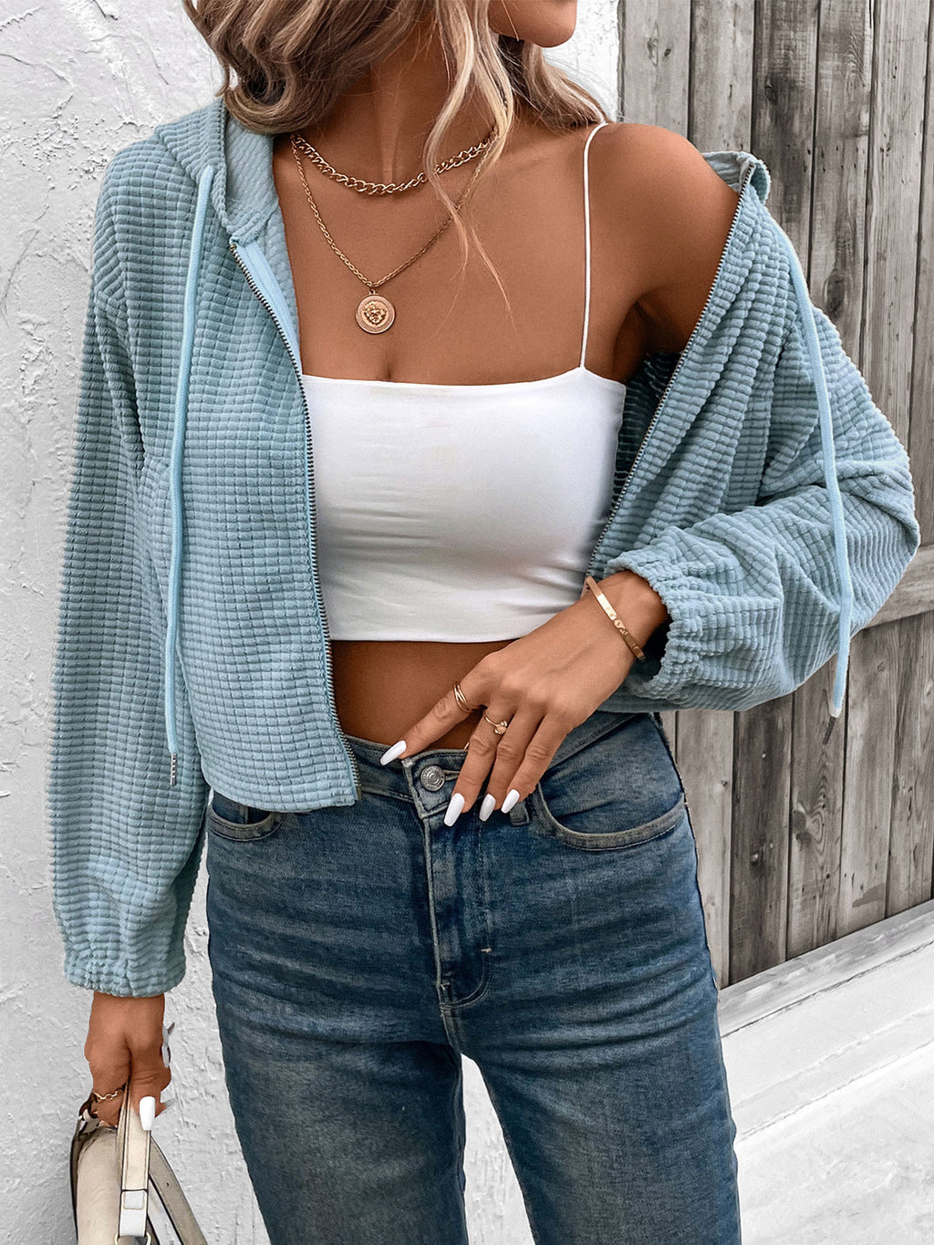 Cropped Textured Zip Up Hooded Jacket - Blue - 1