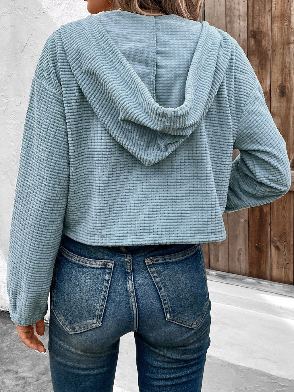 Cropped Textured Zip Up Hooded Jacket - Blue - 4