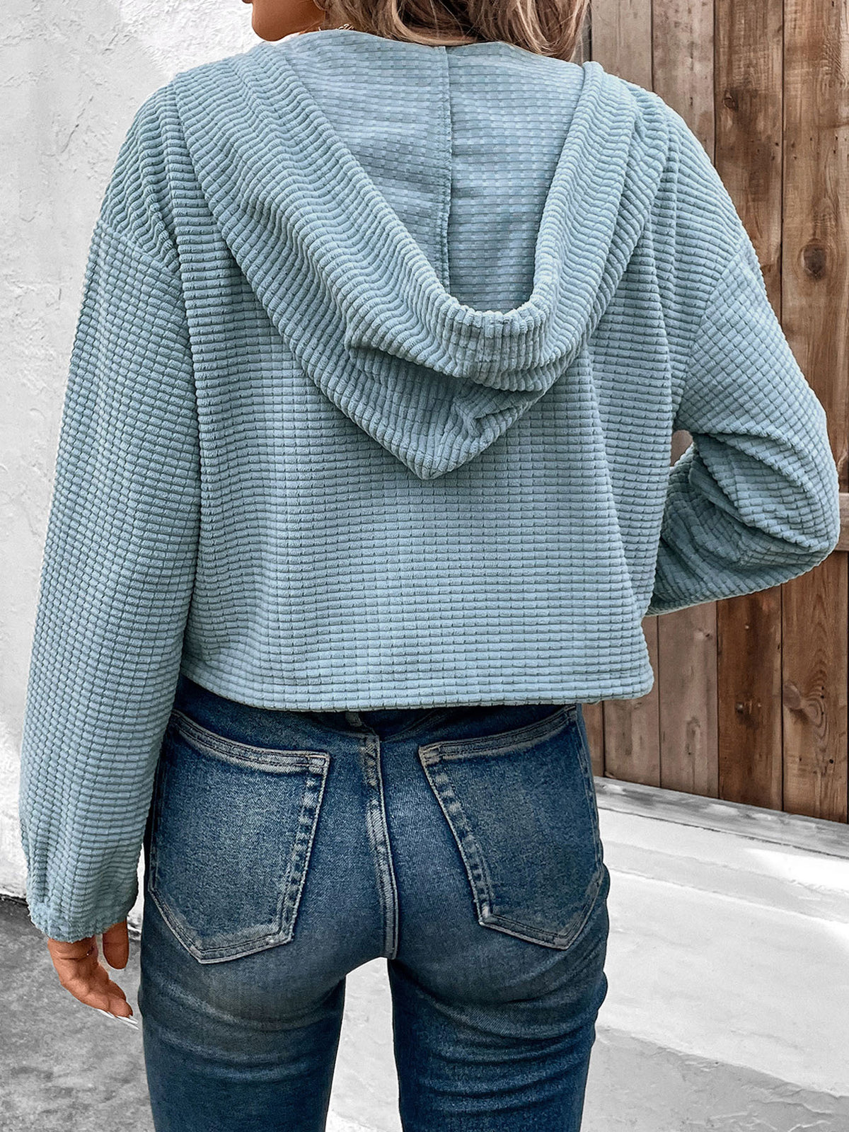 Cropped Textured Zip Up Hooded Jacket - Blue - 4