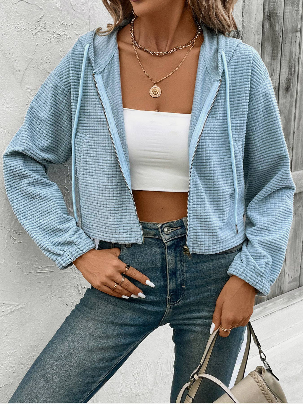 Cropped Textured Zip Up Hooded Jacket