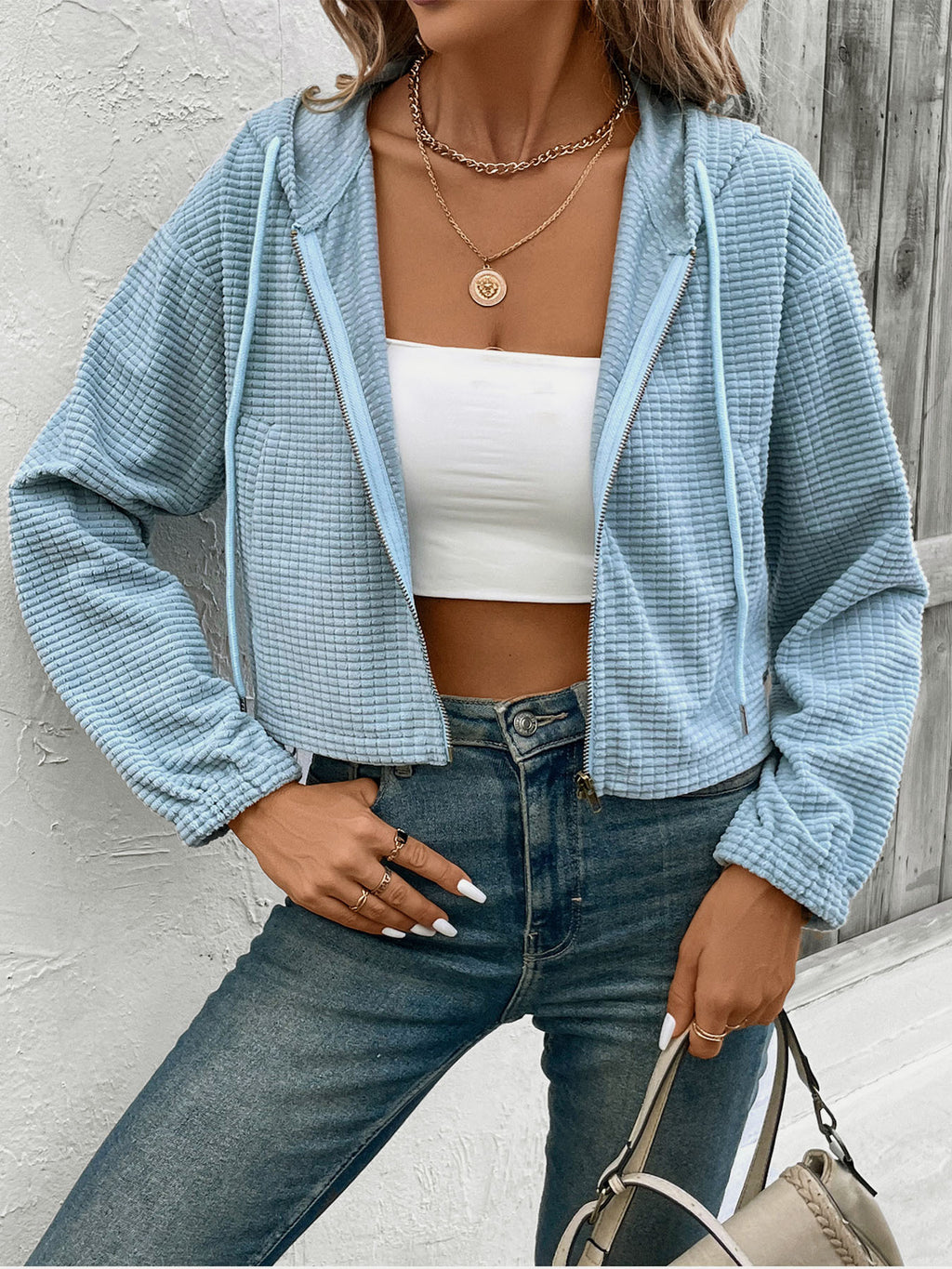 Cropped Textured Zip Up Hooded Jacket - view 1