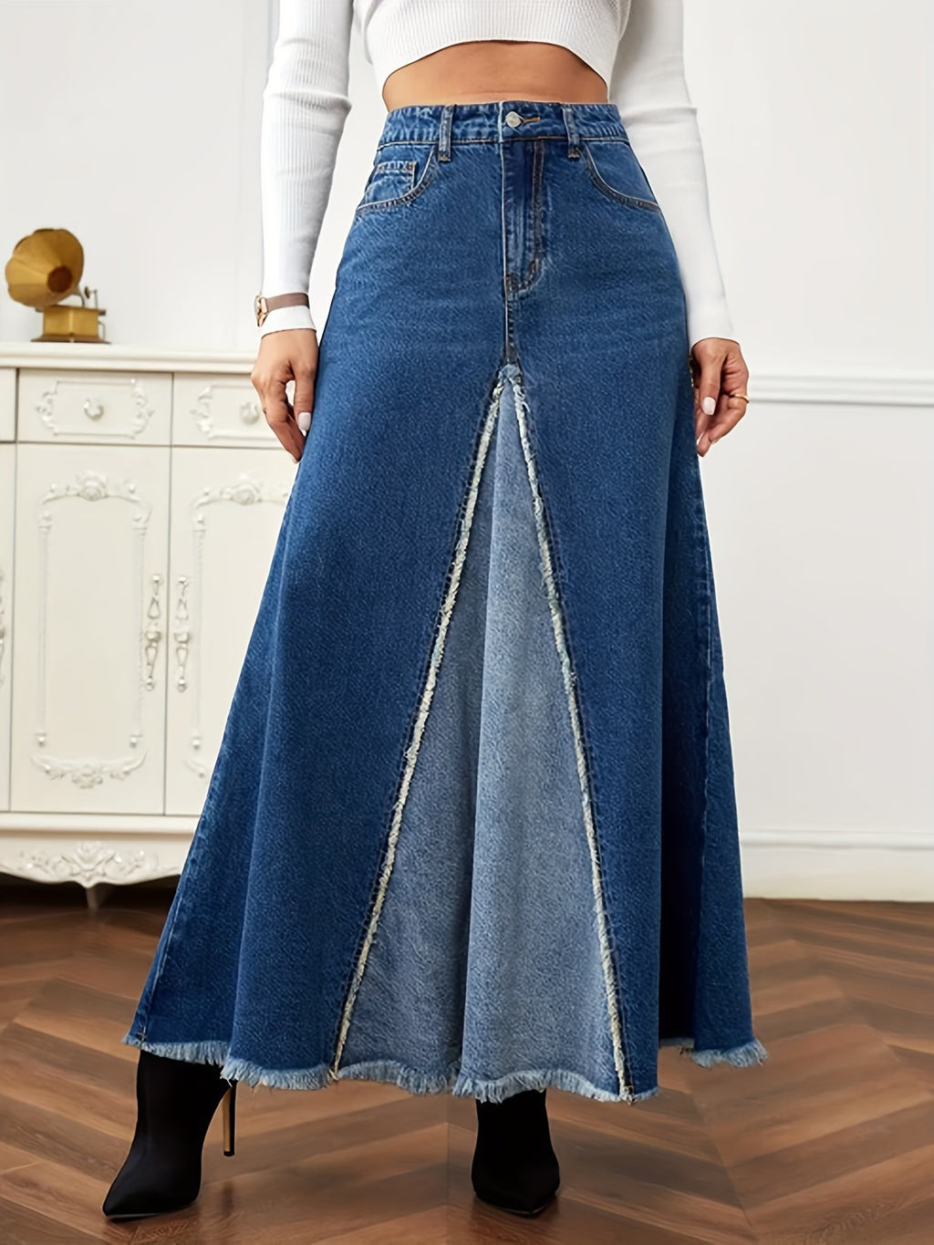 Two Tone Panelled Denim Maxi Skirt - Blue