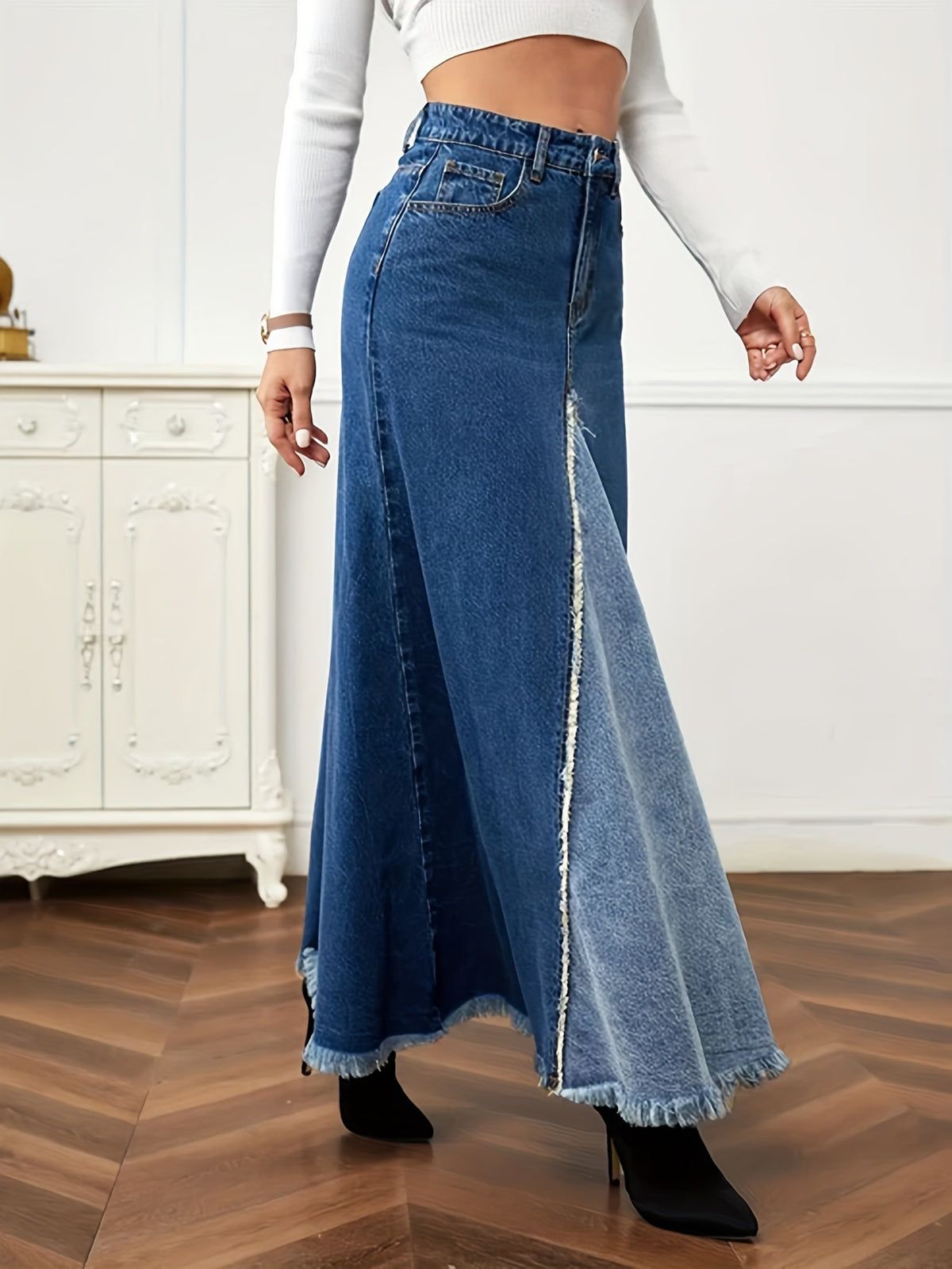 Two Tone Panelled Denim Maxi Skirt - Blue - 1