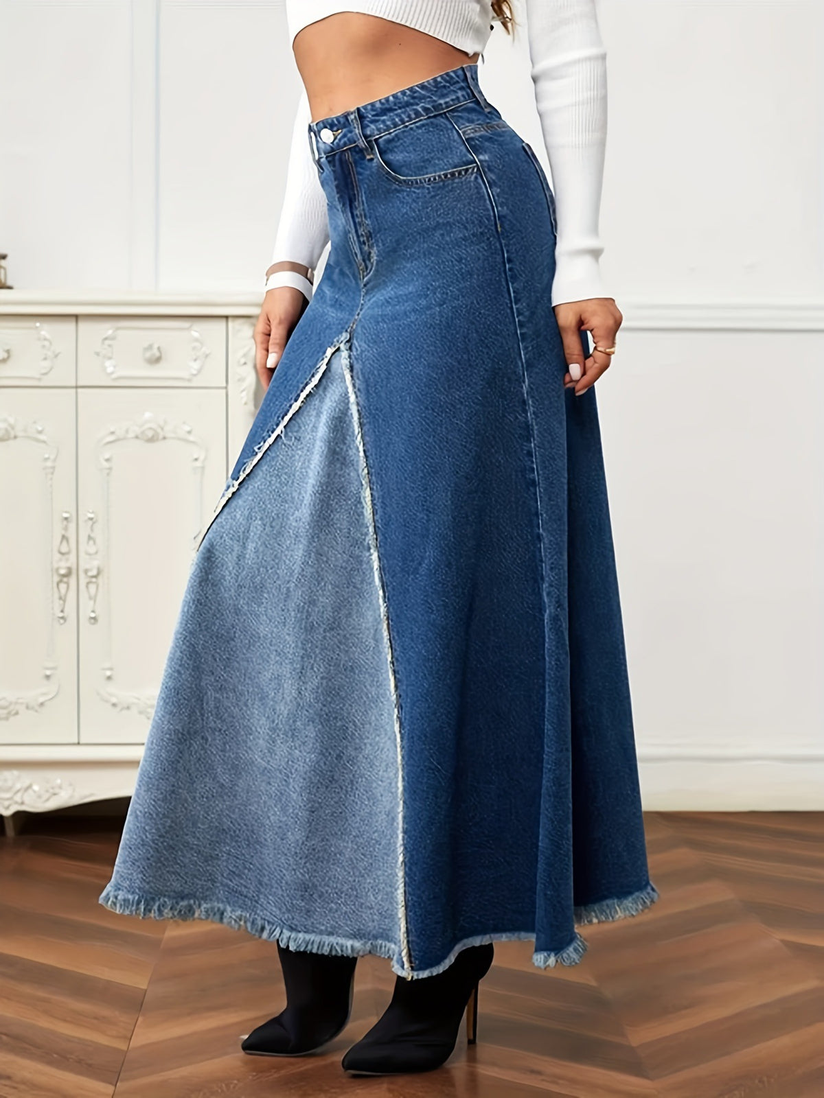 Two Tone Panelled Denim Maxi Skirt - Blue - 2