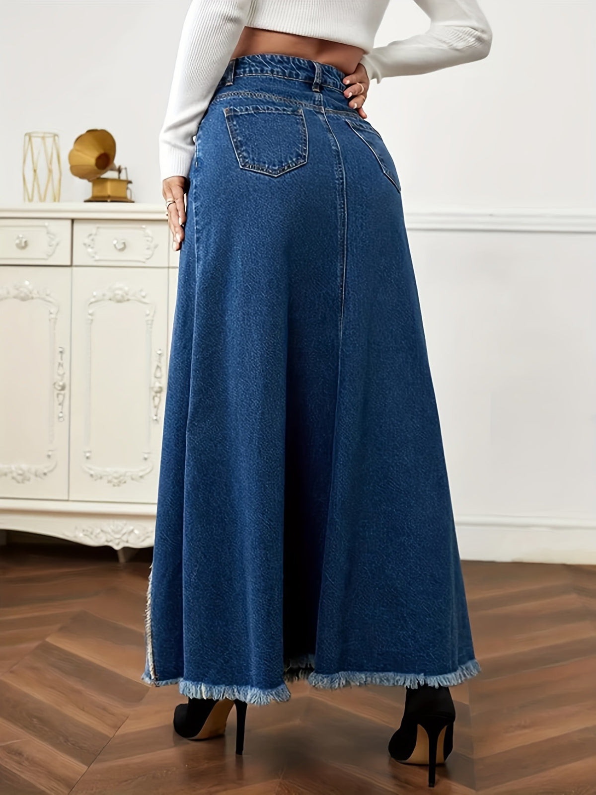 Two Tone Panelled Denim Maxi Skirt - Blue - 3