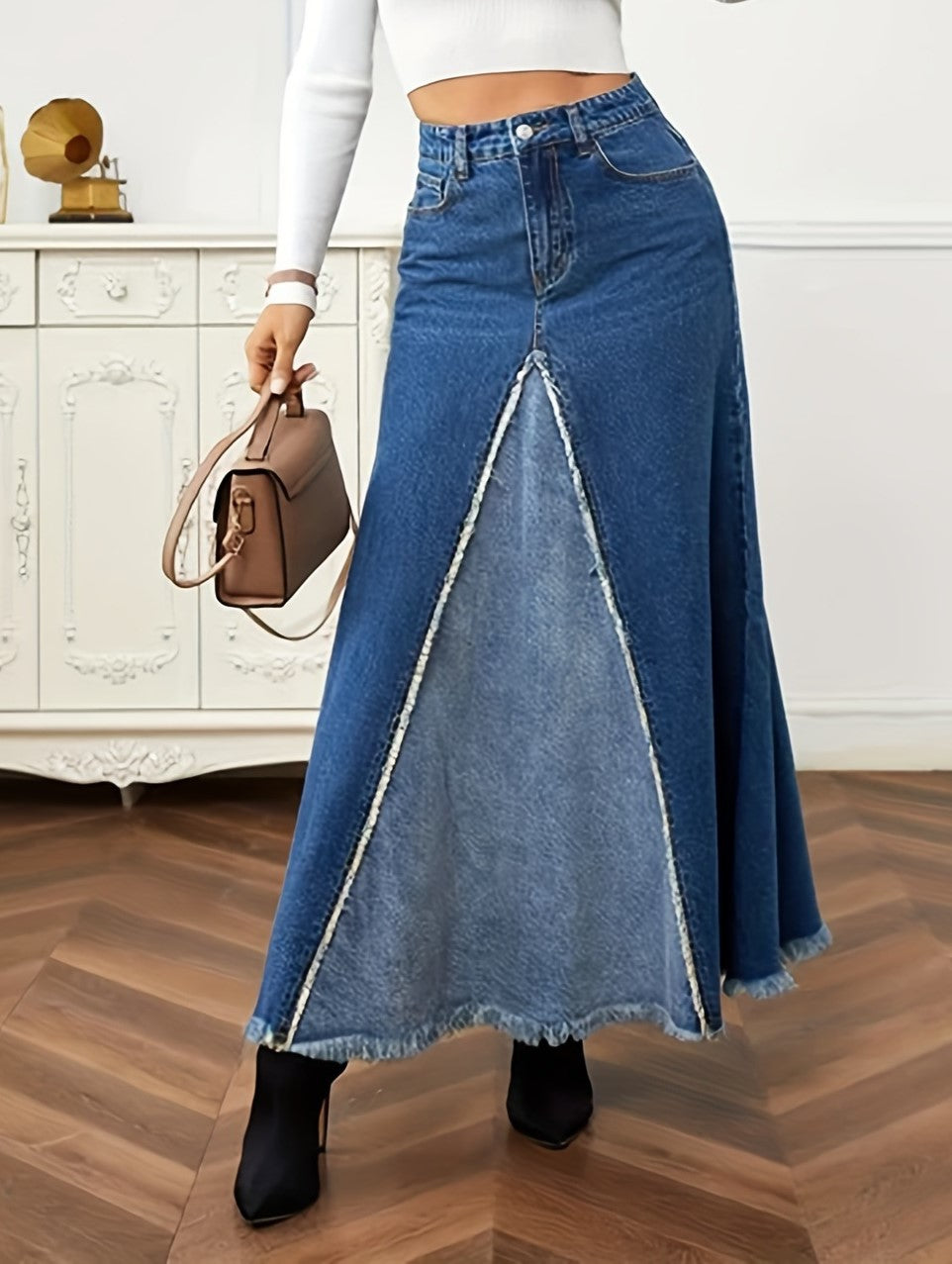 Two Tone Panelled Denim Maxi Skirt - view 1