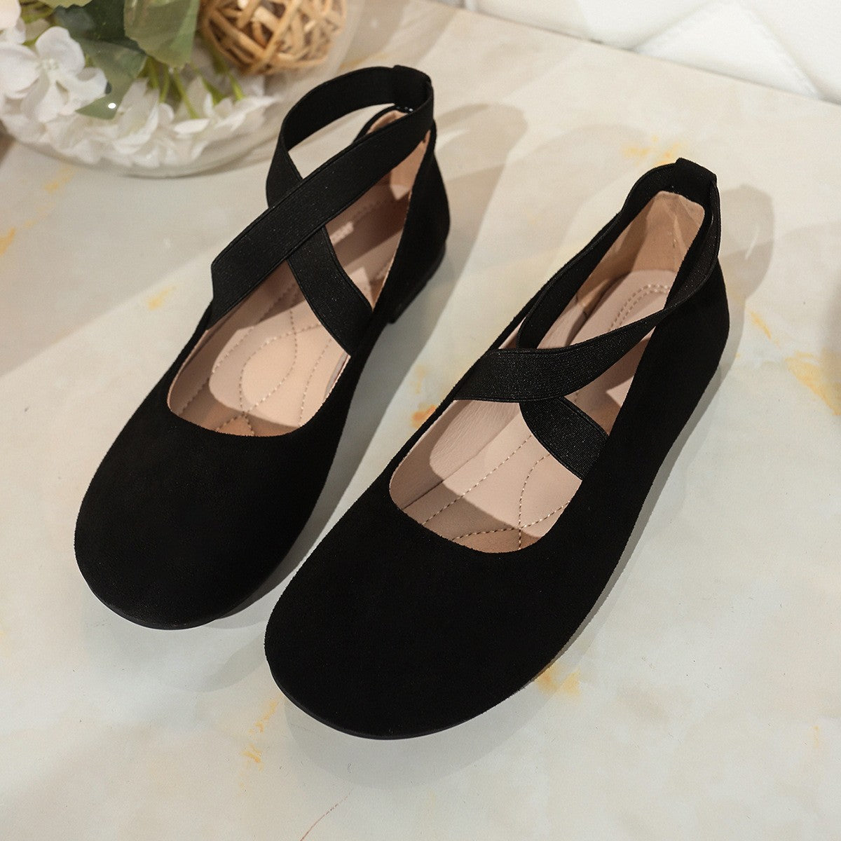 Faux Suede Crisscross Strap Ballet Flats - Black