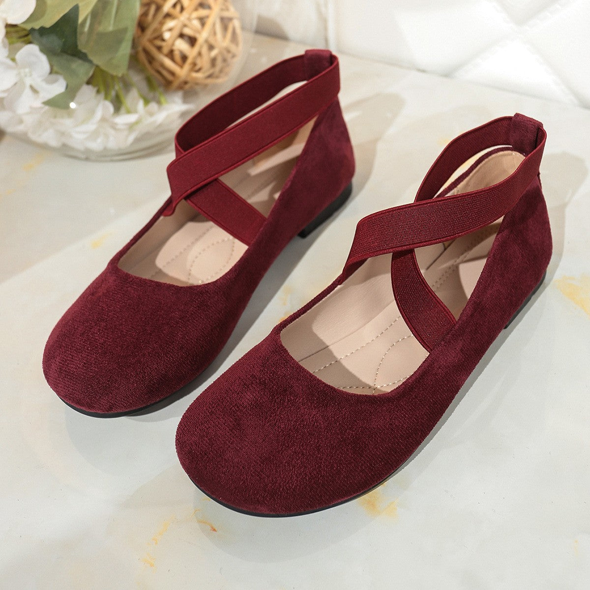 Faux Suede Crisscross Strap Ballet Flats - Burgundy