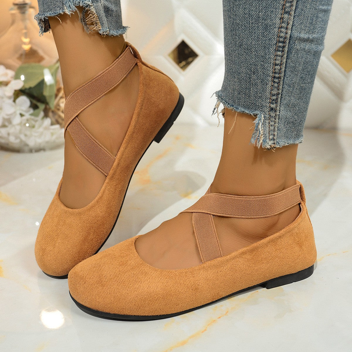 Faux Suede Crisscross Strap Ballet Flats