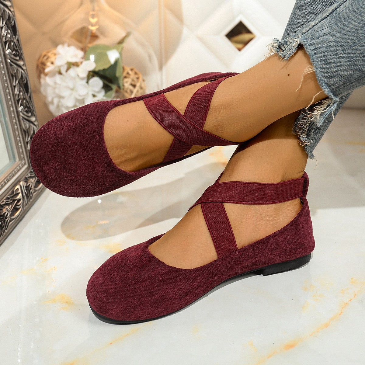 Faux Suede Crisscross Strap Ballet Flats
