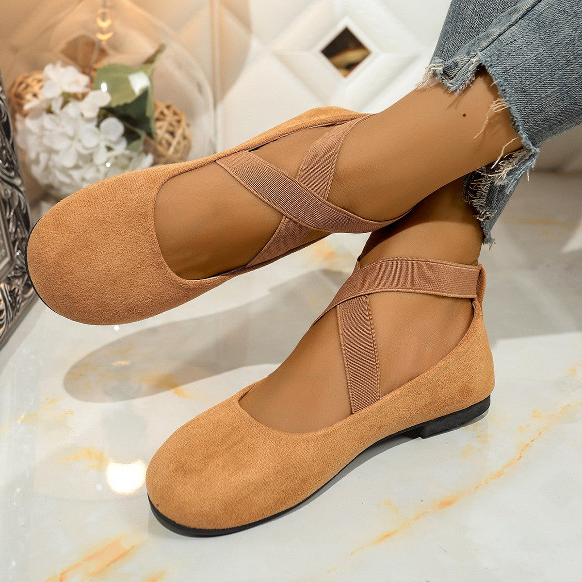 Faux Suede Crisscross Strap Ballet Flats