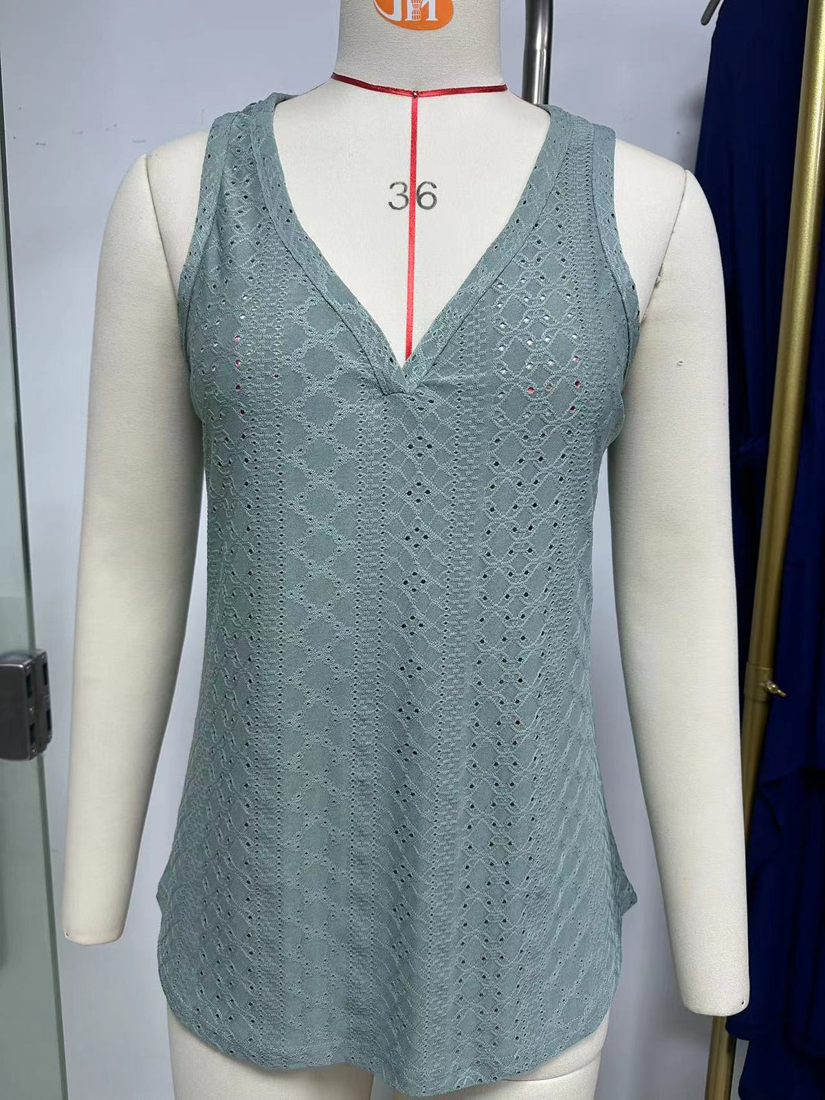 Pointelle Knit V Neck Curved Hem Tank - Green - 3