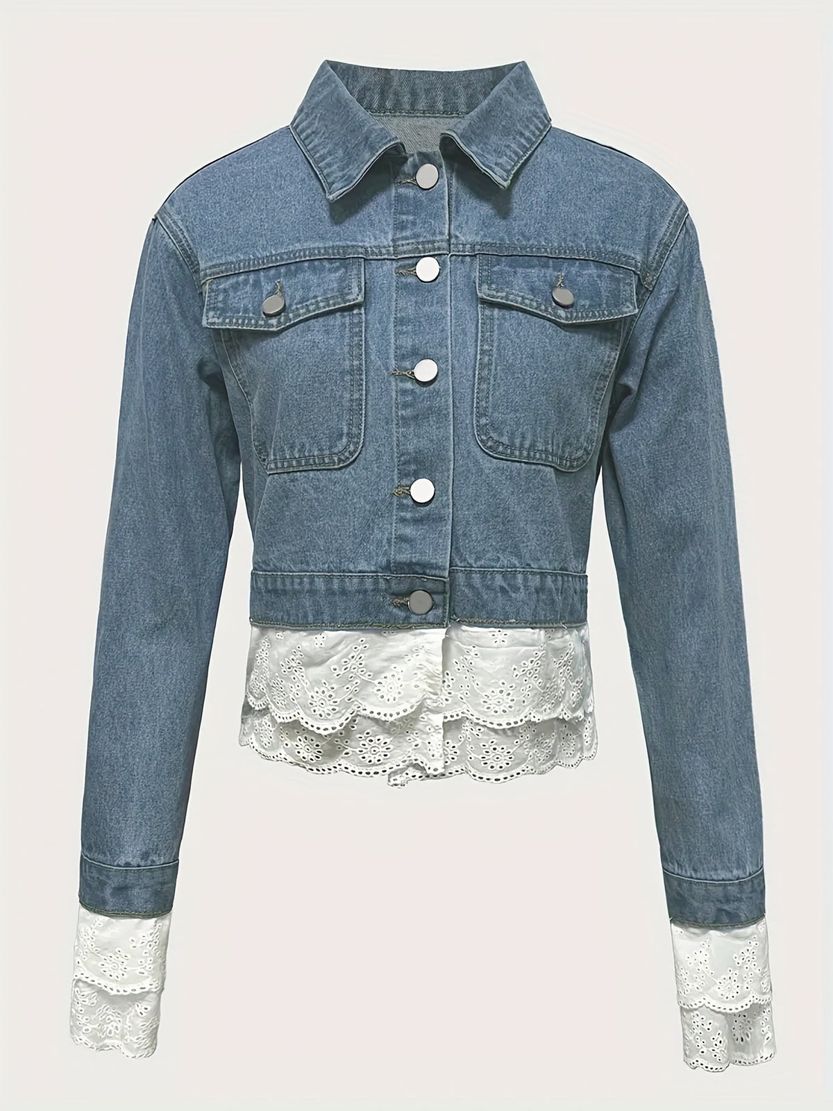 Eyelet Trim Cropped Denim Trucker Jacket - Blue