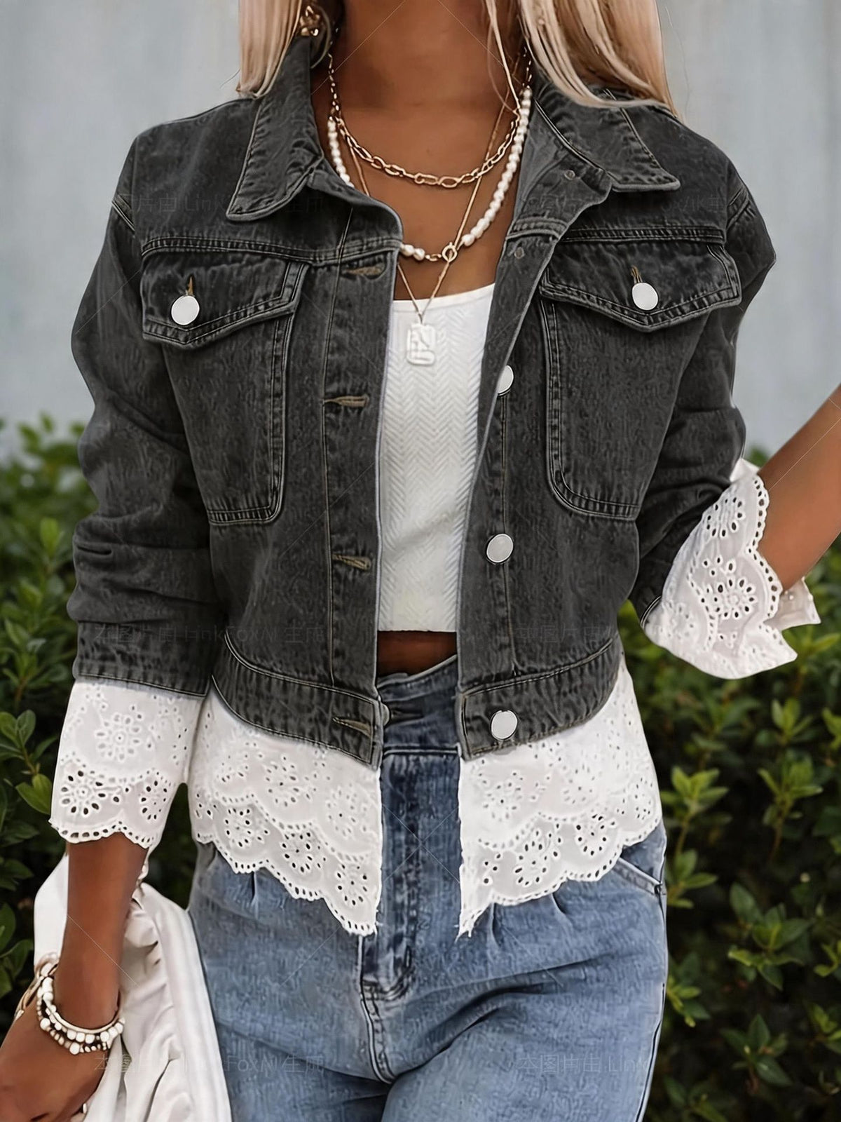 Eyelet Trim Cropped Denim Trucker Jacket - DarkGray