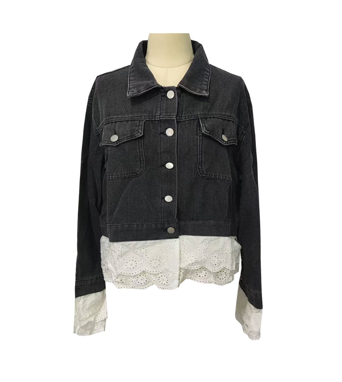 Eyelet Trim Cropped Denim Trucker Jacket