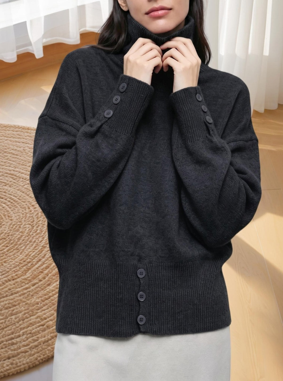 Turtleneck Batwing Sweater with Button Cuff Detail - Black