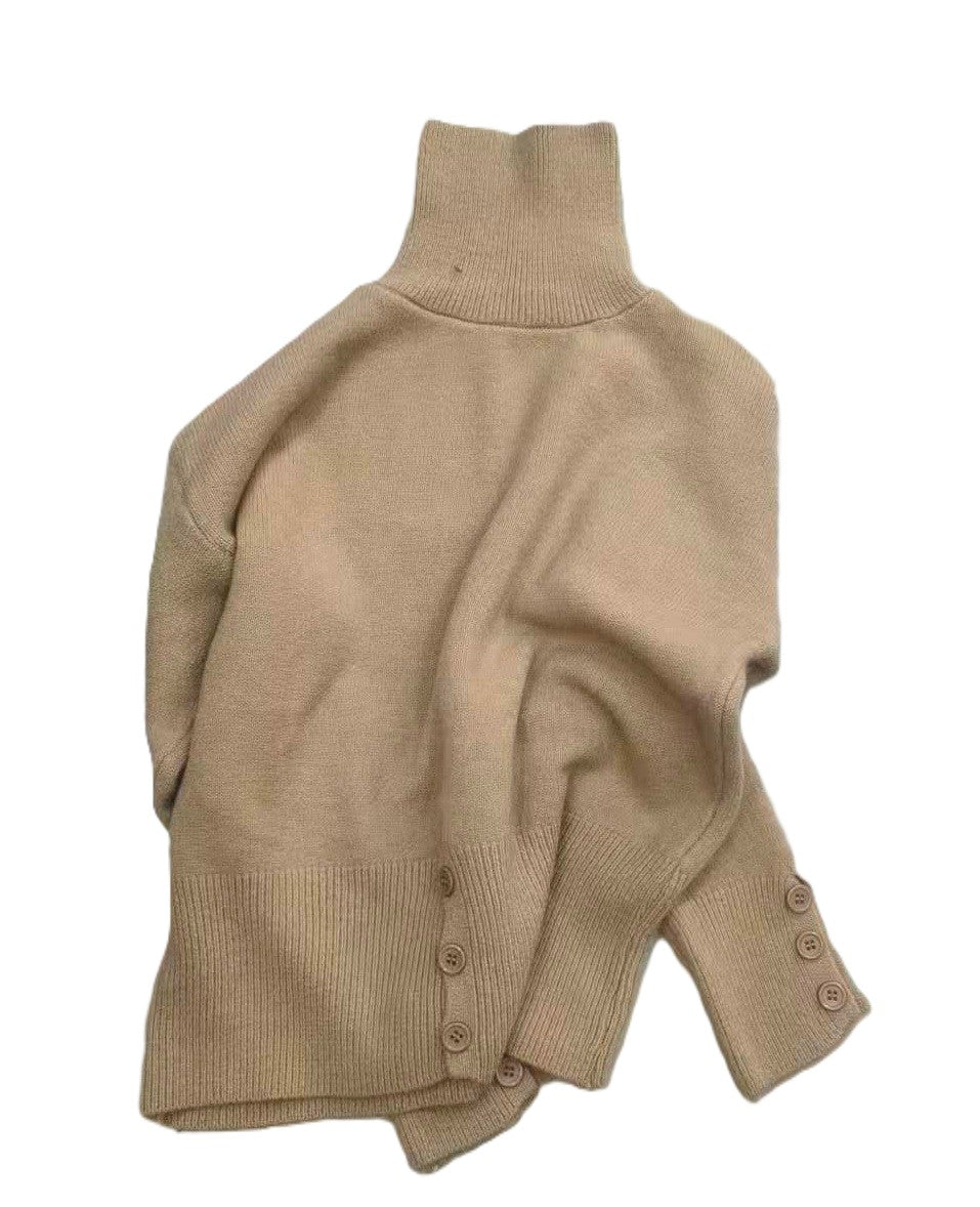 Turtleneck Batwing Sweater with Button Cuff Detail - Camel