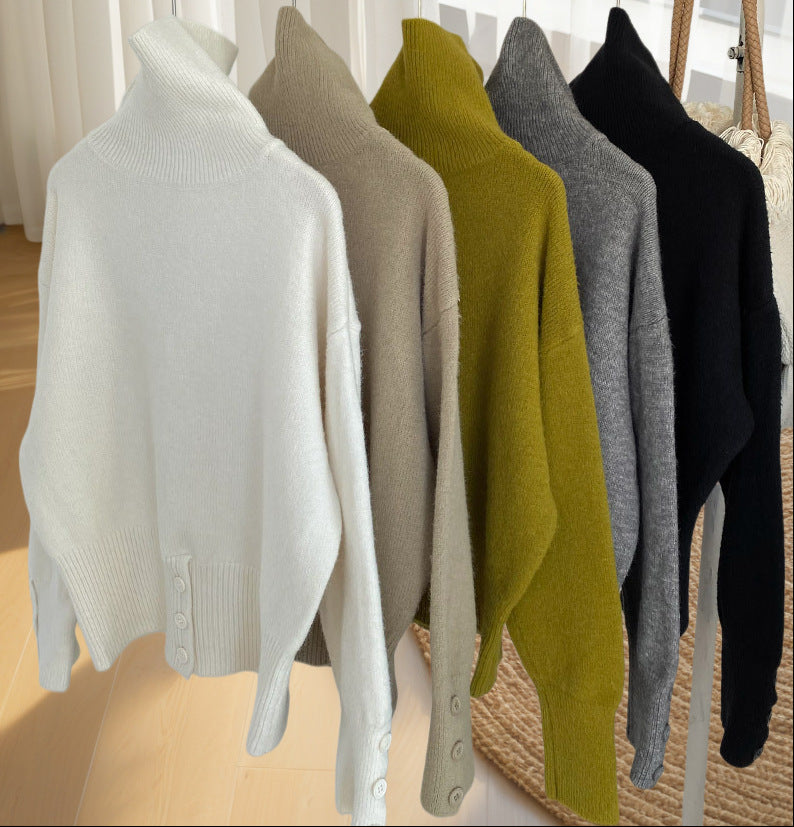 Turtleneck Batwing Sweater with Button Cuff Detail - Camel - 1