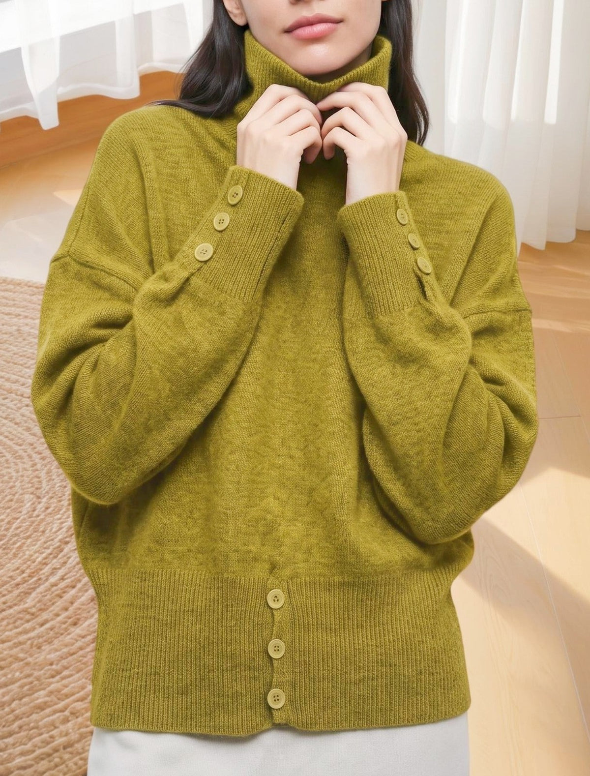 Turtleneck Batwing Sweater with Button Cuff Detail - Green