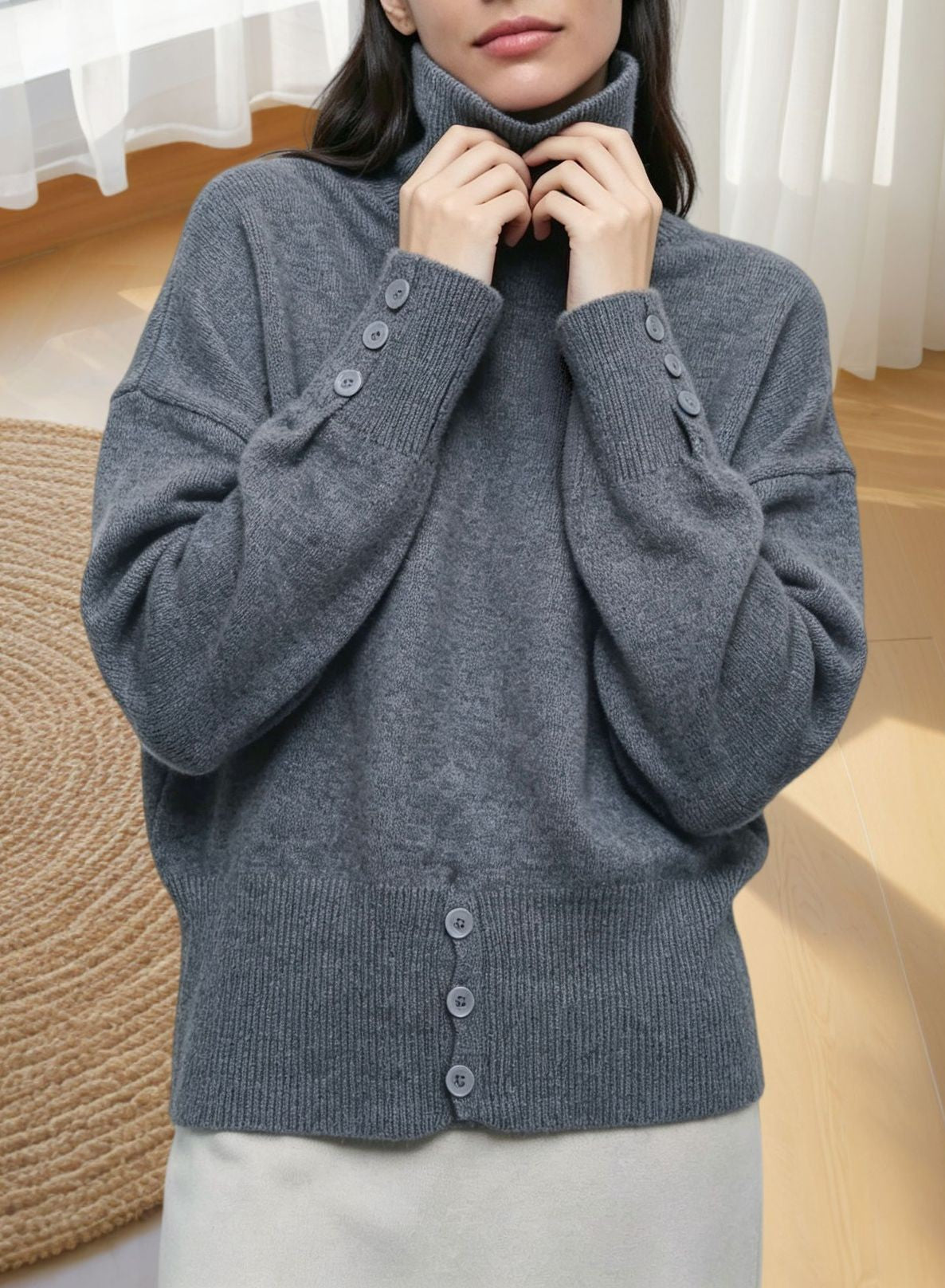 Turtleneck Batwing Sweater with Button Cuff Detail - Grey