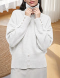 Turtleneck Batwing Sweater with Button Cuff Detail - White