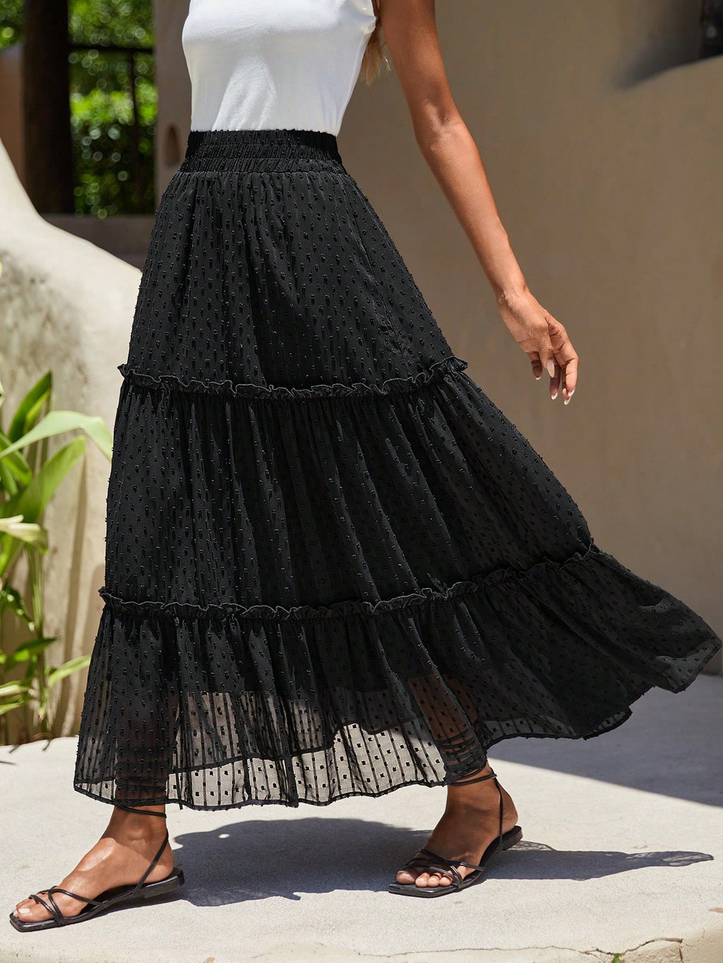 Tiered Swiss Dot Maxi Skirt - Black