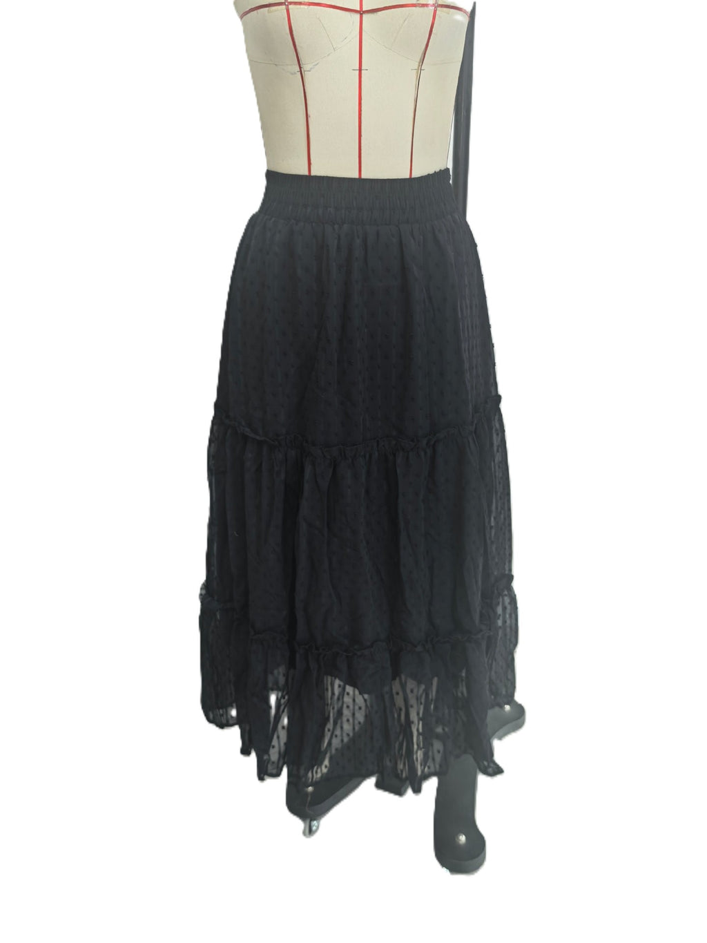 Tiered Swiss Dot Maxi Skirt - Black - 1