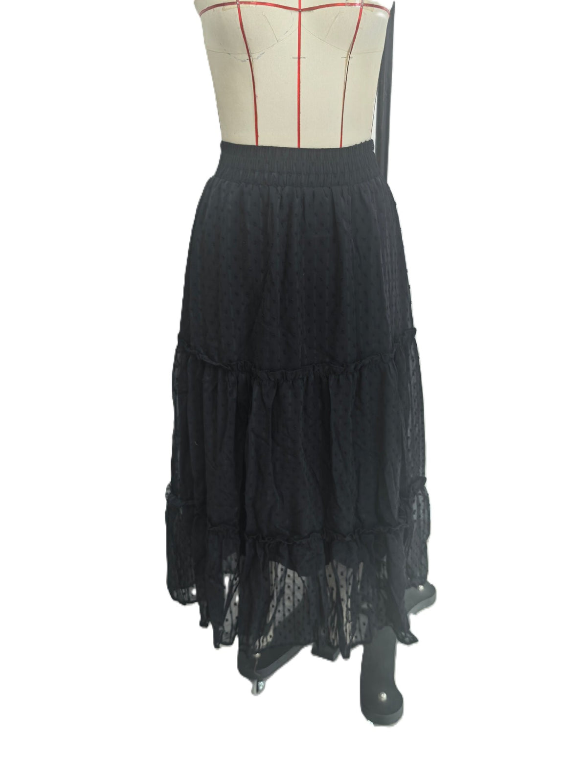 Tiered Swiss Dot Maxi Skirt - Black - 1