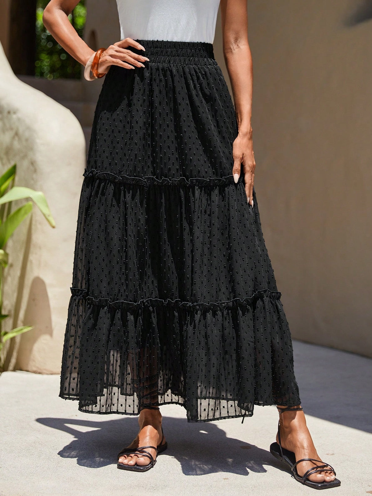 Tiered Swiss Dot Maxi Skirt - Black - 3