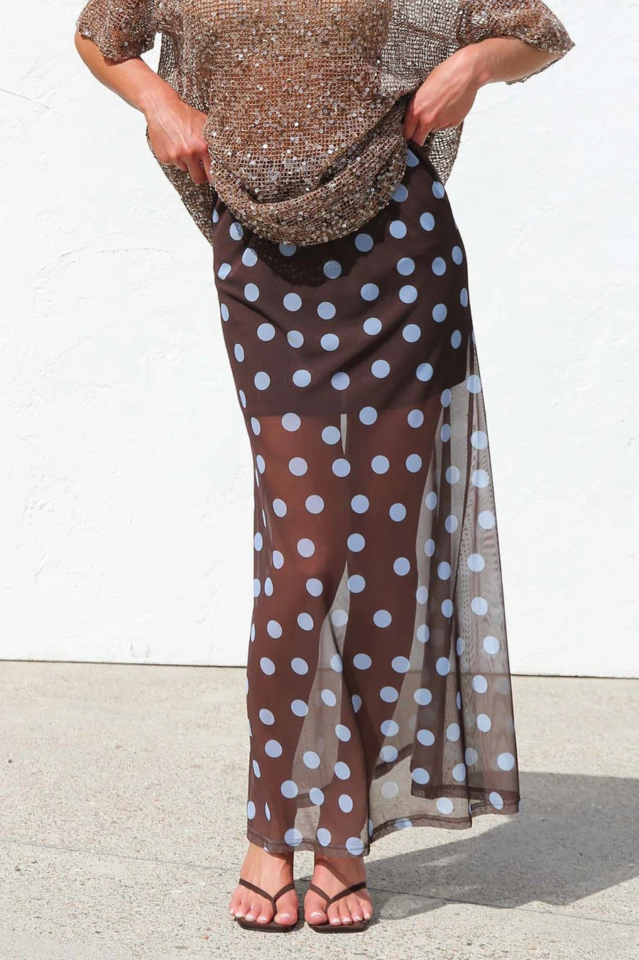Sheer Mesh Maxi Skirt With Elastic Waist - CoffeeBlue