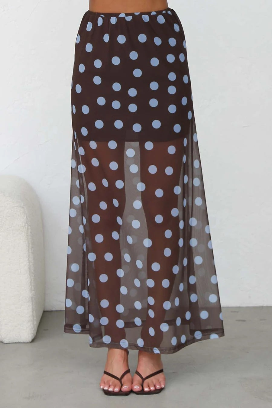 Sheer Mesh Maxi Skirt With Elastic Waist - CoffeeBlue - 1