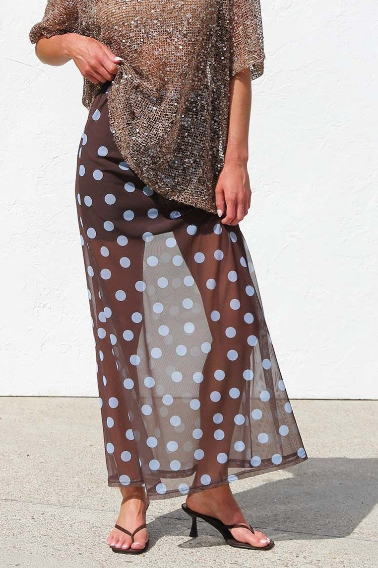 Sheer Mesh Maxi Skirt With Elastic Waist - CoffeeBlue - 2