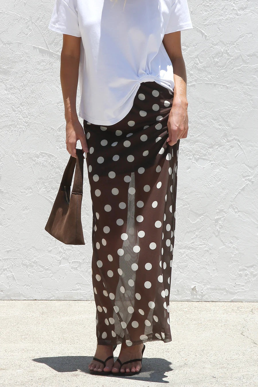 Sheer Mesh Maxi Skirt With Elastic Waist - CoffeeWhite