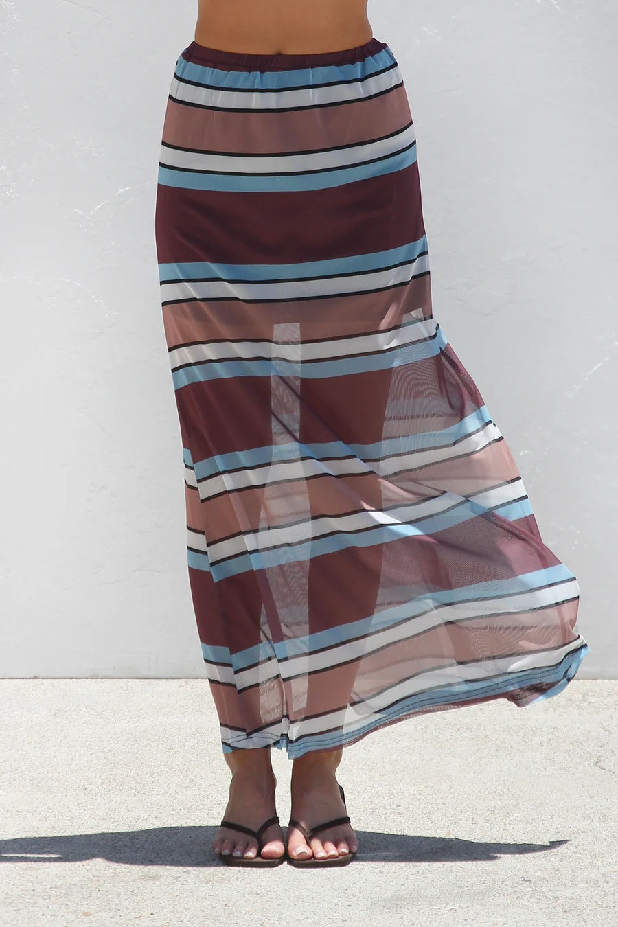 Sheer Mesh Maxi Skirt With Elastic Waist - Stripe01 - 2