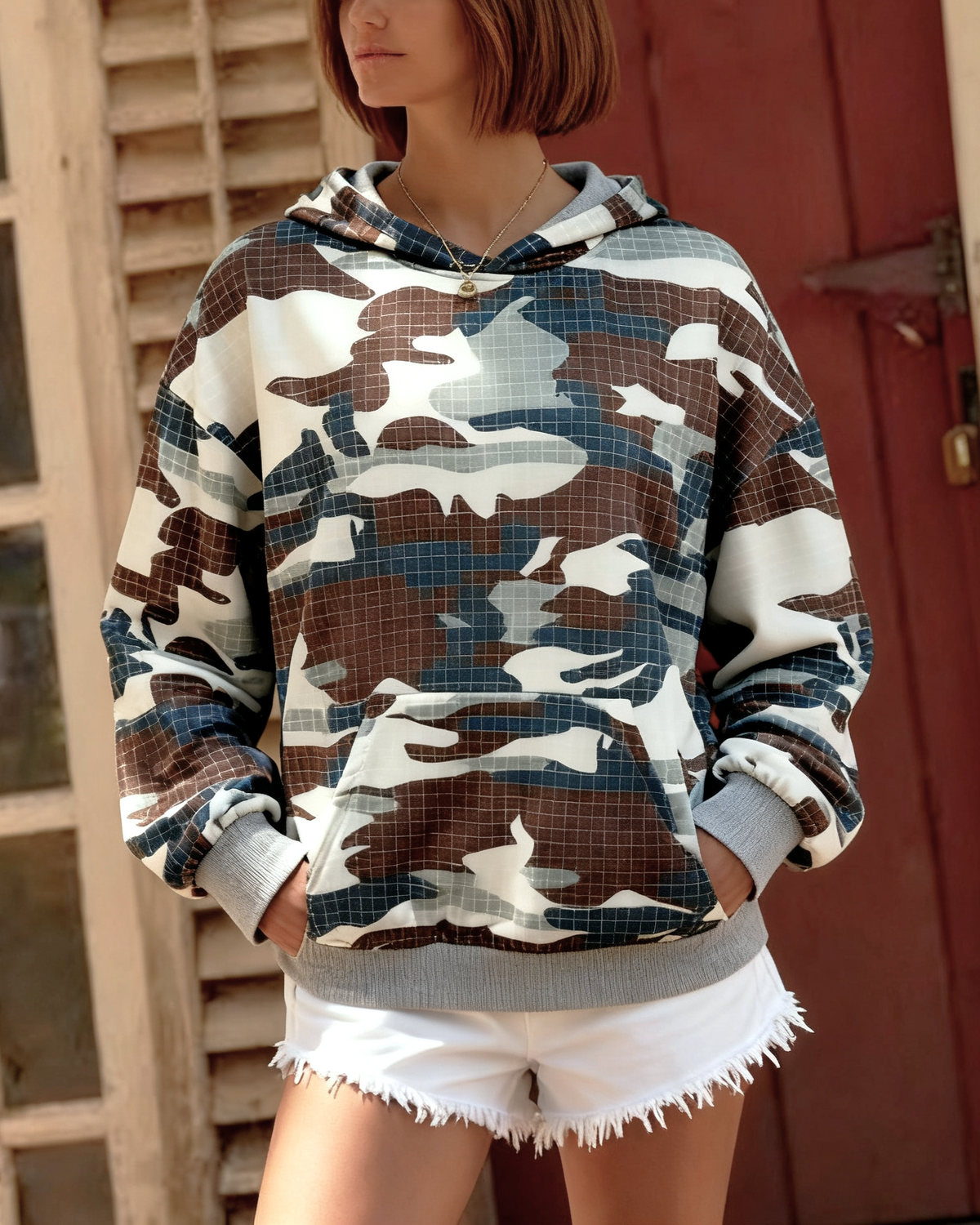 Two Way Camouflage Hooded Pullover Sweatshirt - Camo