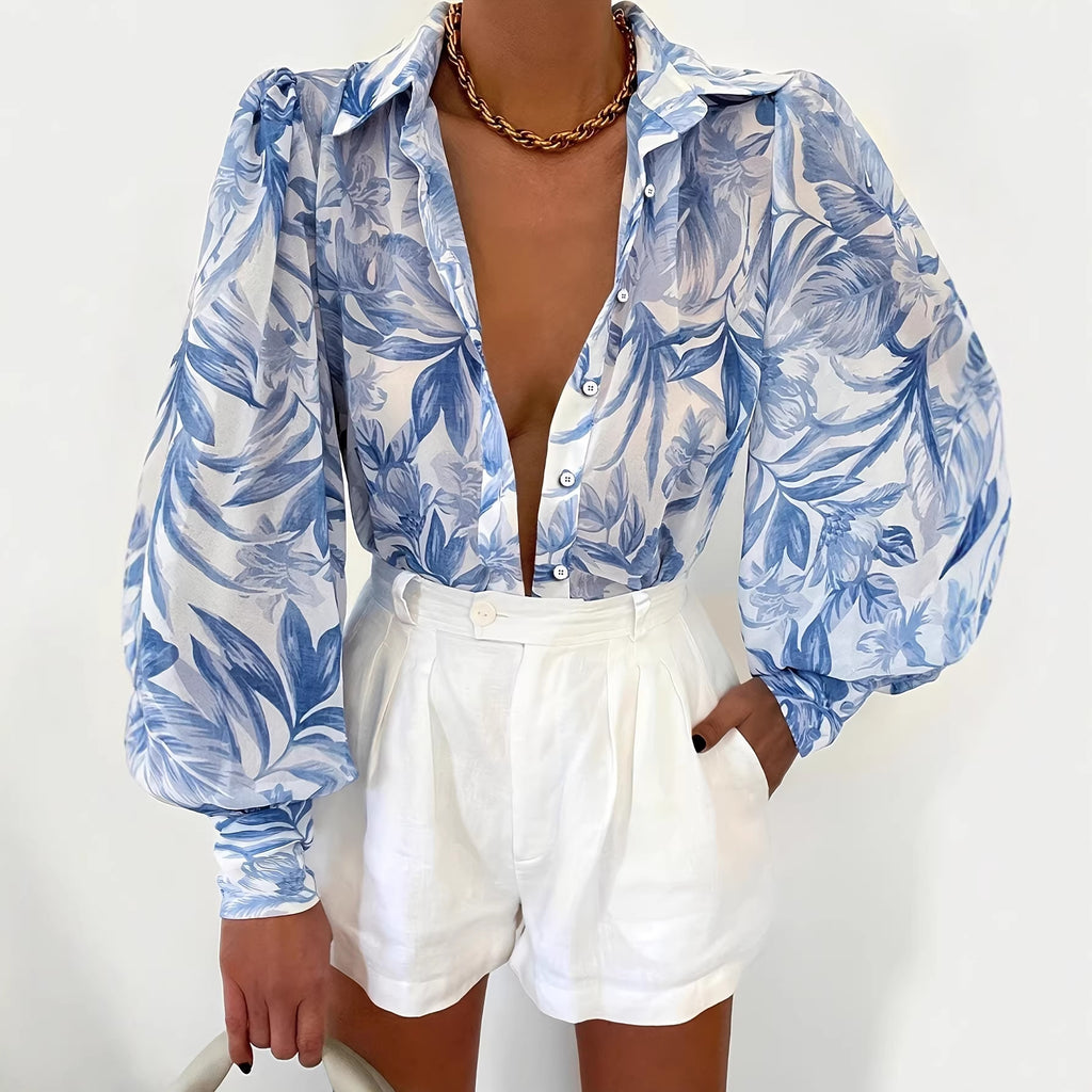 Watercolor Leaf Print Balloon Sleeve Blouse - Blue