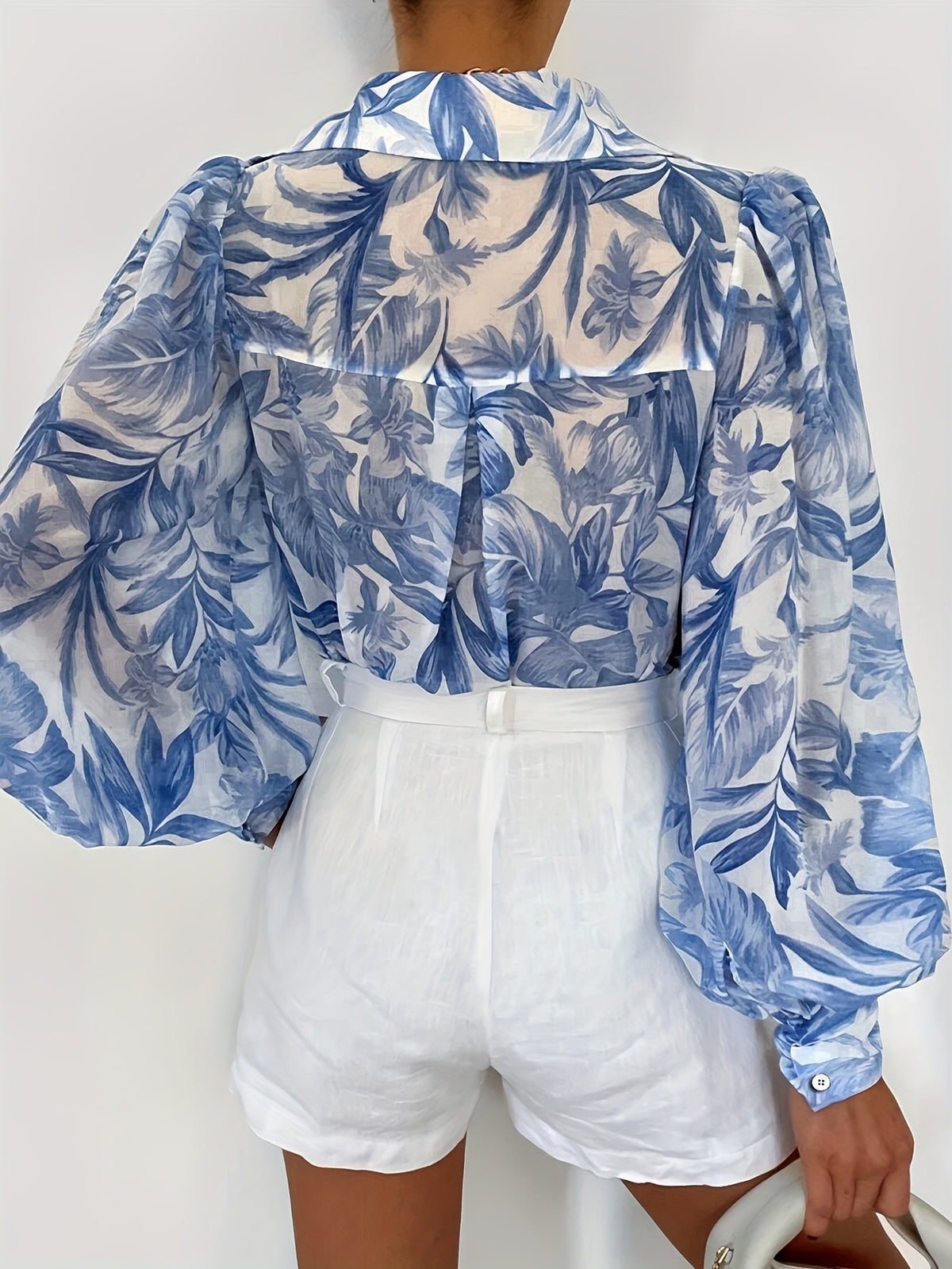 Watercolor Leaf Print Balloon Sleeve Blouse - Blue - 1