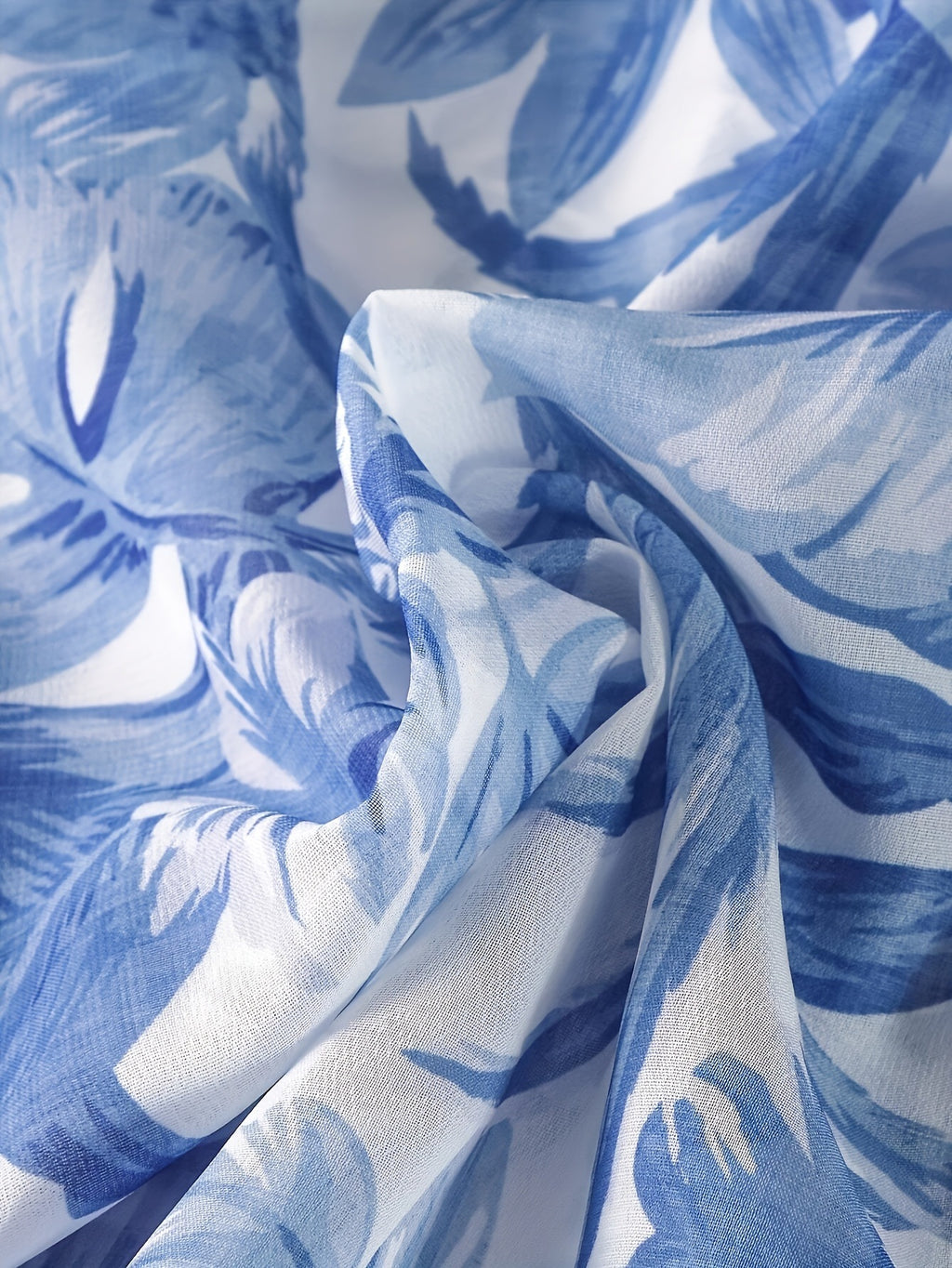 Watercolor Leaf Print Balloon Sleeve Blouse - Blue - 2