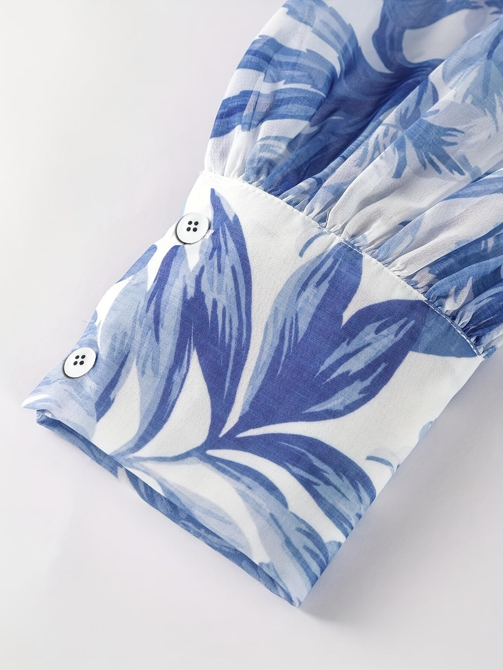 Watercolor Leaf Print Balloon Sleeve Blouse - Blue - 3