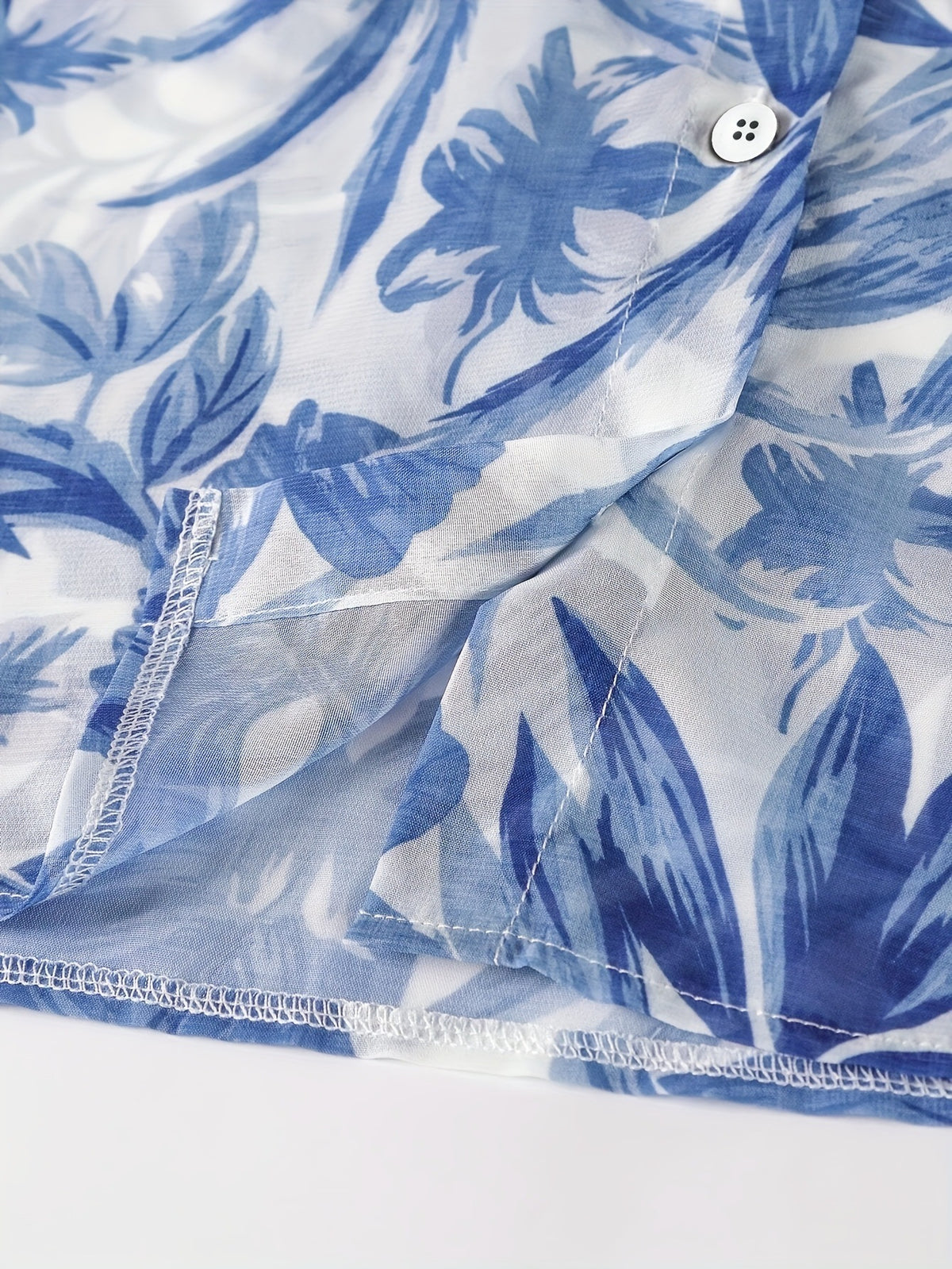 Watercolor Leaf Print Balloon Sleeve Blouse - Blue - 4