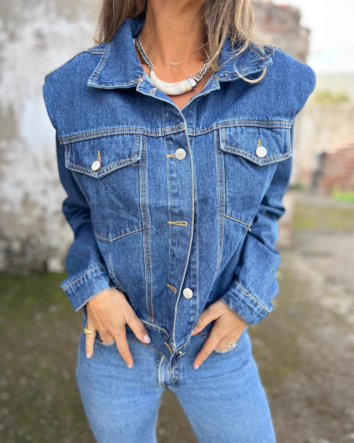 Structured Shoulder Classic Denim Trucker Jacket - Blue - 1