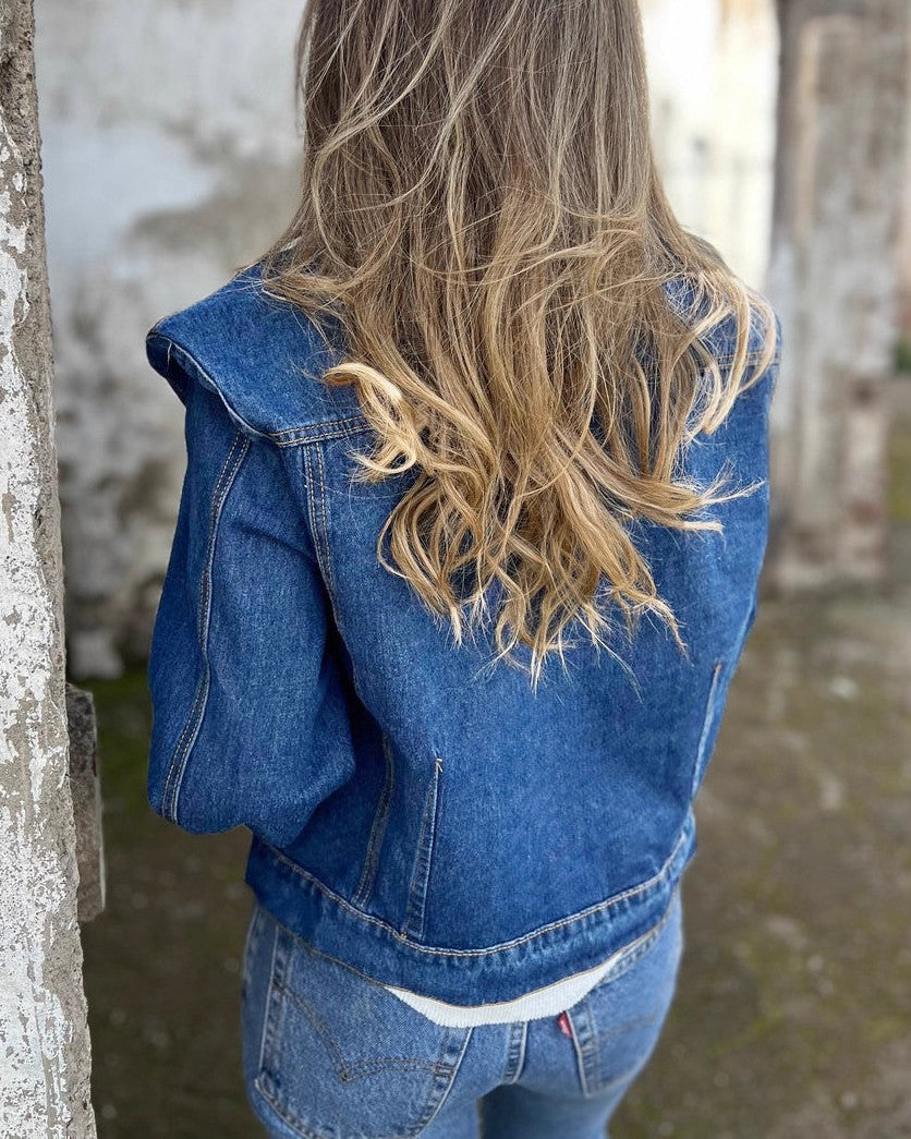 Structured Shoulder Classic Denim Trucker Jacket - Blue - 2