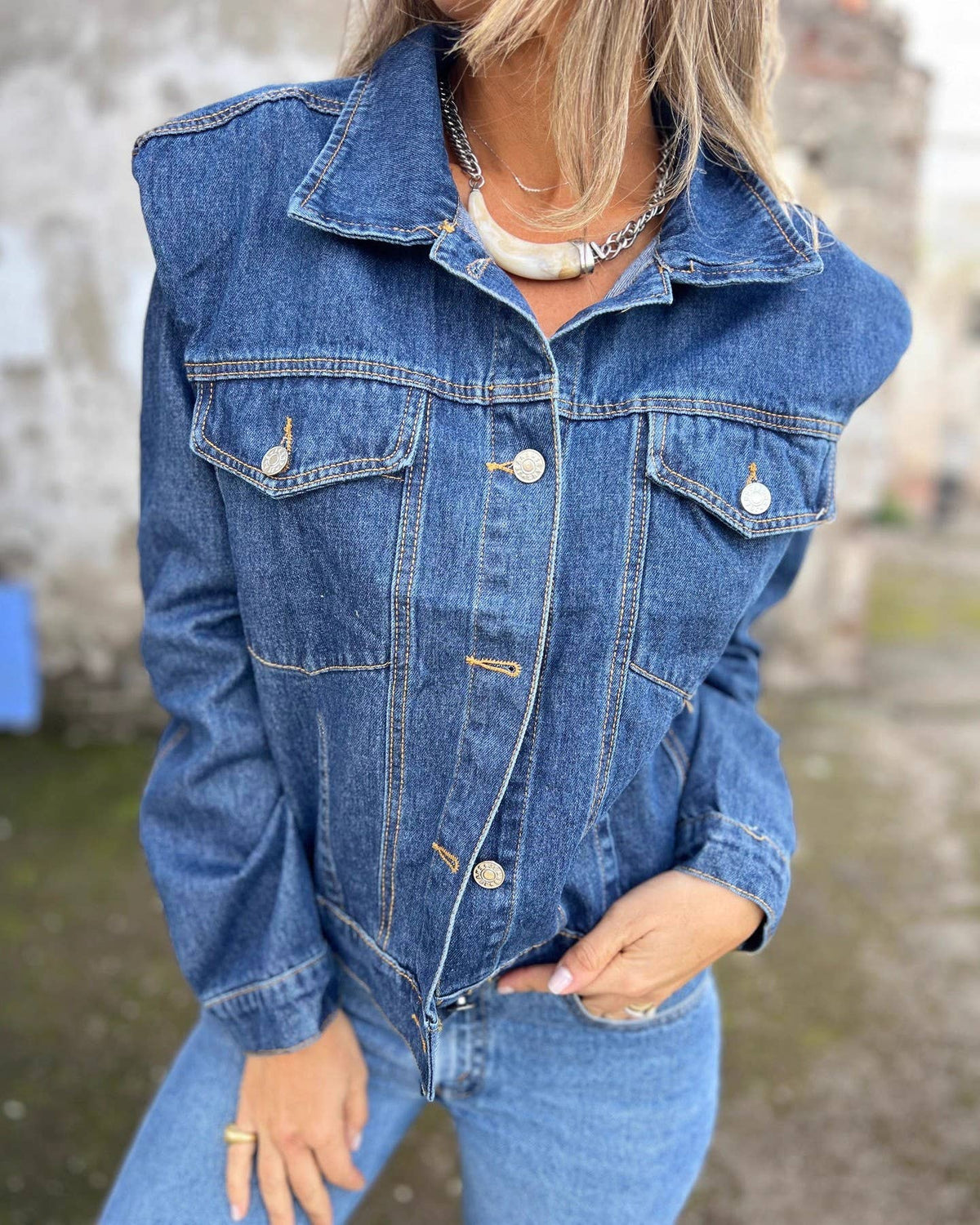 Structured Shoulder Classic Denim Trucker Jacket