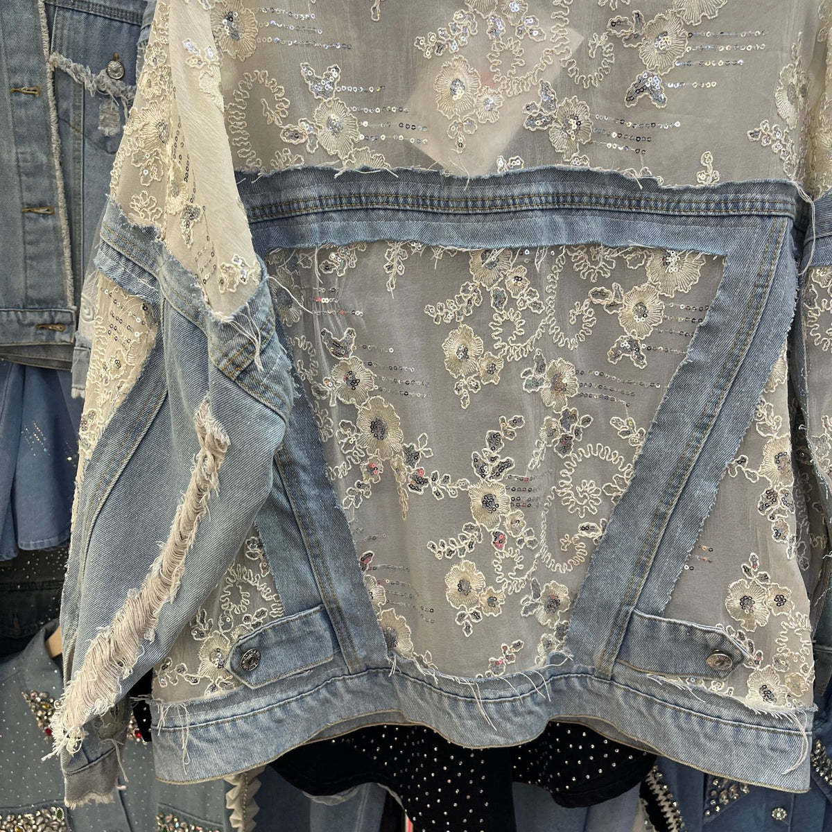 Sequin Embellished Lace Denim Jacket - Blue - 2