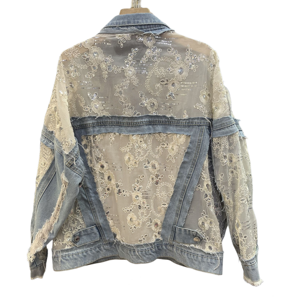 Sequin Embellished Lace Denim Jacket - Blue - 5